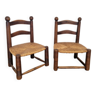 Duo de chaises de cheminée en bois et paille