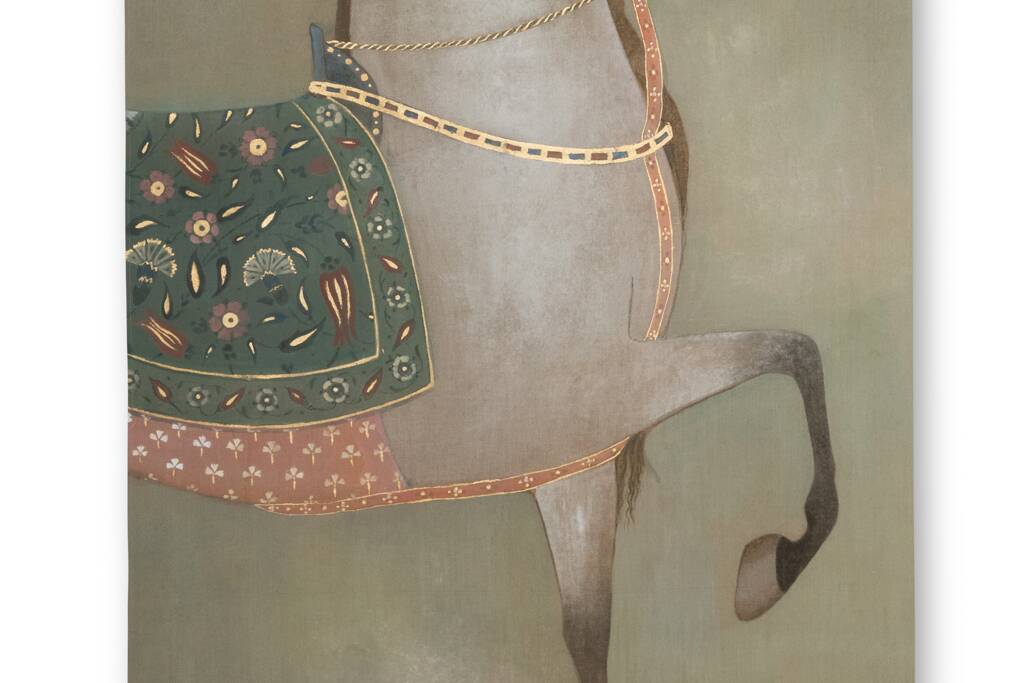 Painted canvas depicting a side view of an Indian horse. Contemporary work.