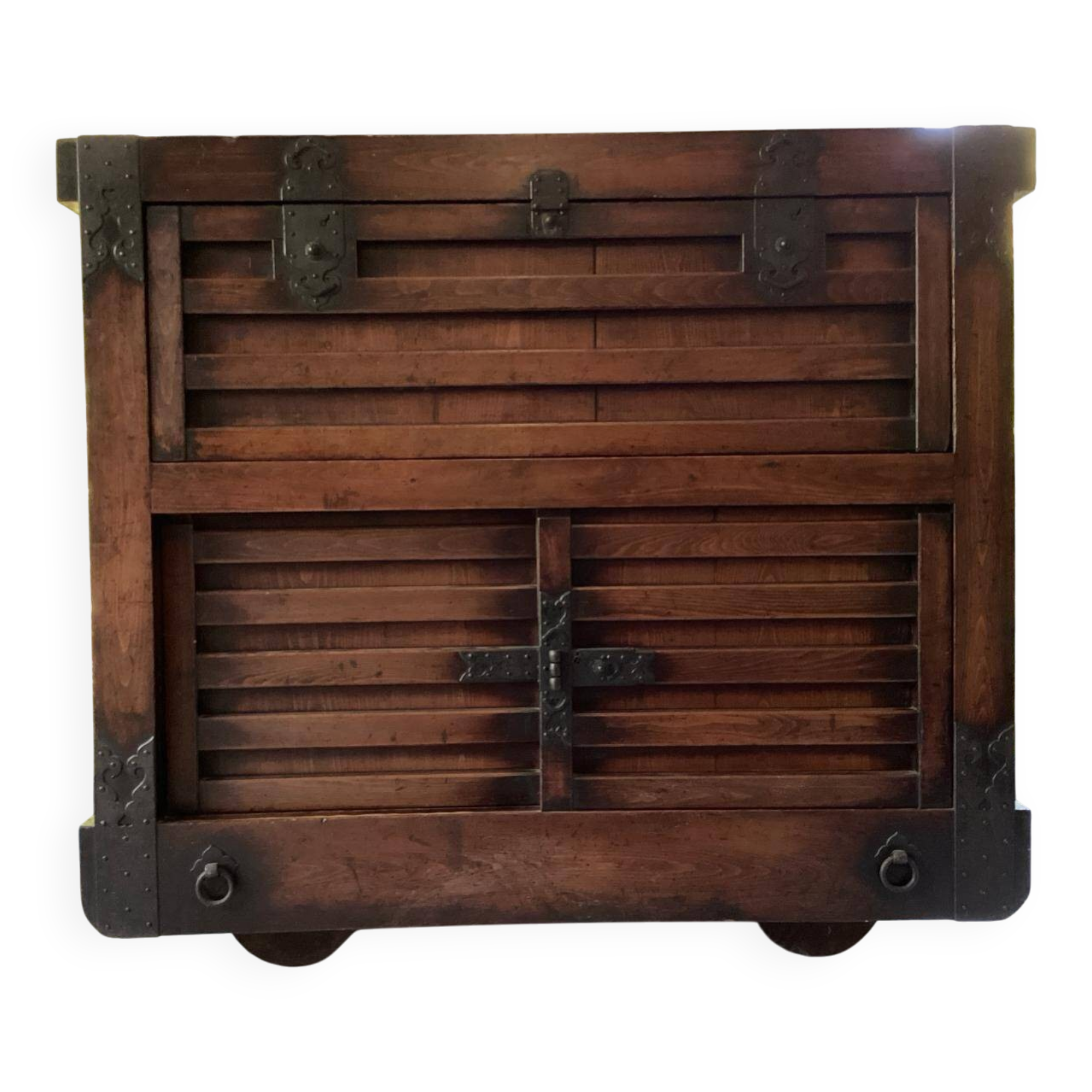 Japanese antique wooden chest with black fittings.