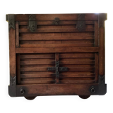 Japanese antique wooden chest with black fittings.