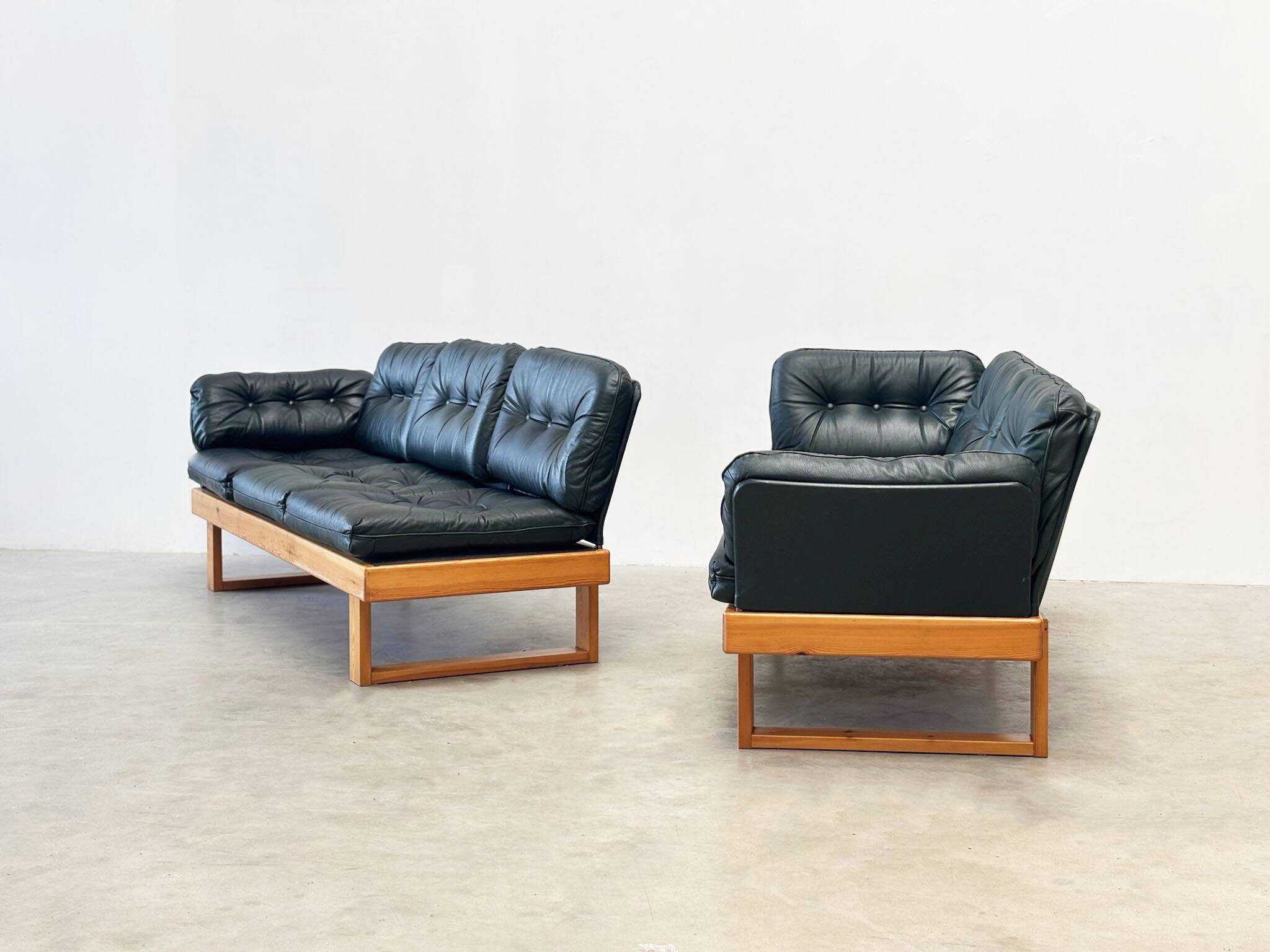 Canapé d'angle modulable en pin et cuir vert, Allemagne années 1970