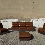 Salon complet en aluminium brossé et cuir marron, France 1970