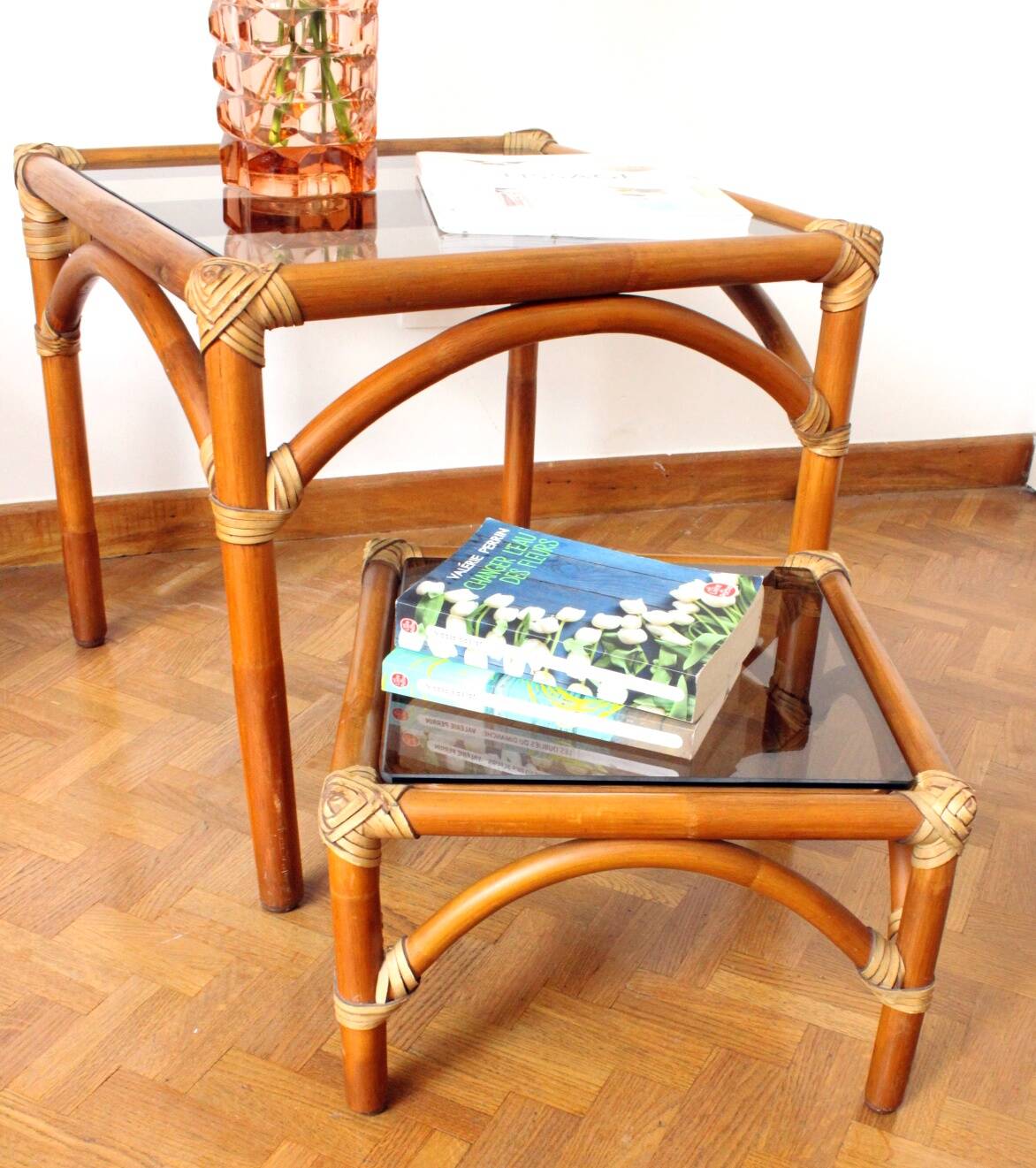 Rattan and smoked glass coffee table set
