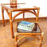 Ensemble de tables basses en rotin et verre fumé