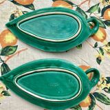 Duo of Vallauris raviers in the shape of green leaves signed Cérenne