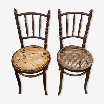 Duo de chaises de bistro cannage, Fischel, bois tourné fin 19eme