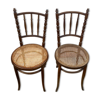 Pair of bistro chairs, canework, Fischel, wood turned, late 19th