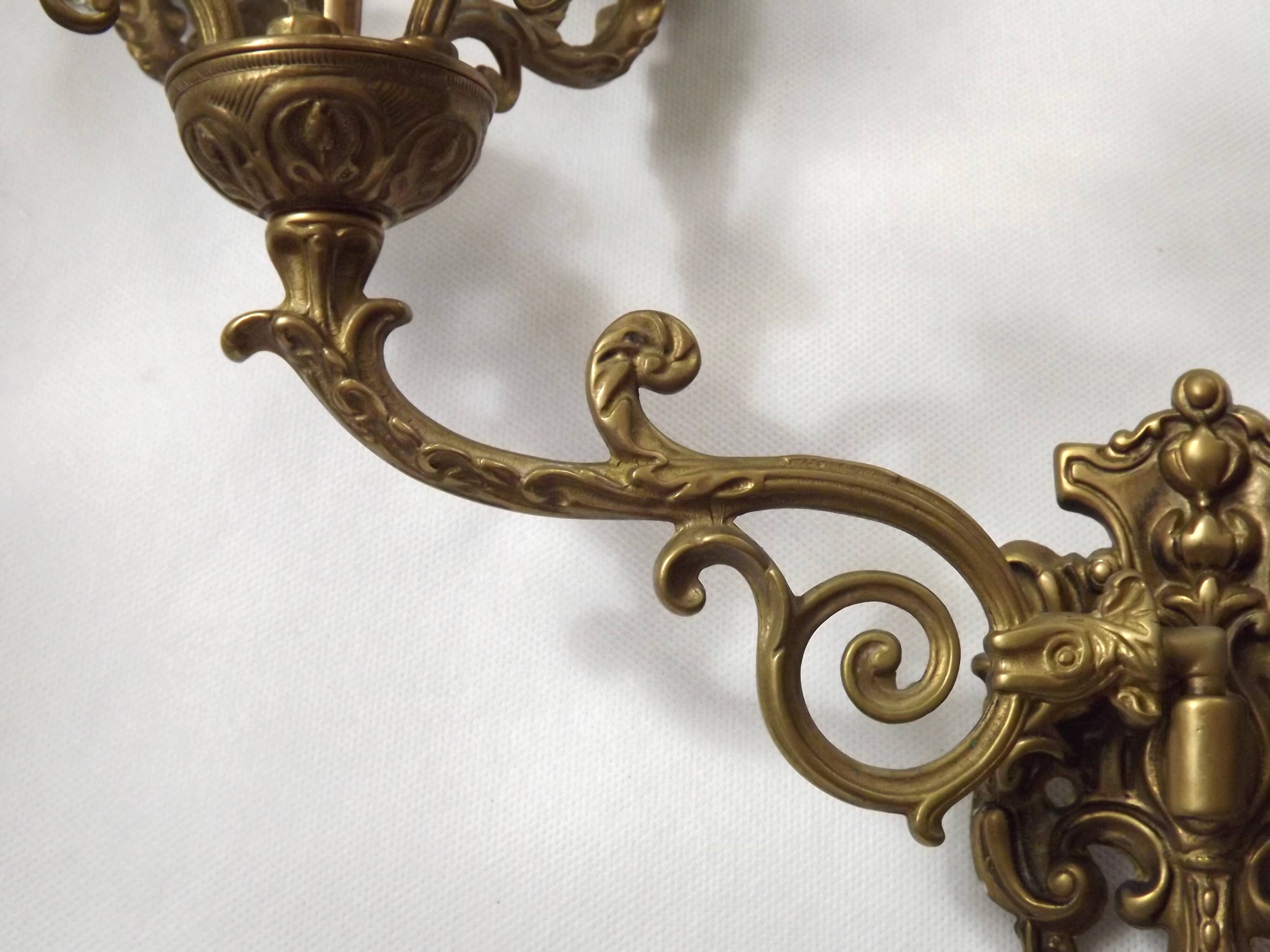 Pair Early 20th Century Rococo Revival Brass 5 Light Candle Wall Sconces