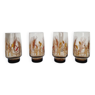 4 Luminar Crystal Glasses from the 70s, brown tones and screen printing of Plants and Flowers