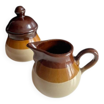 Milk jug + sugar bowl set in enamelled stoneware