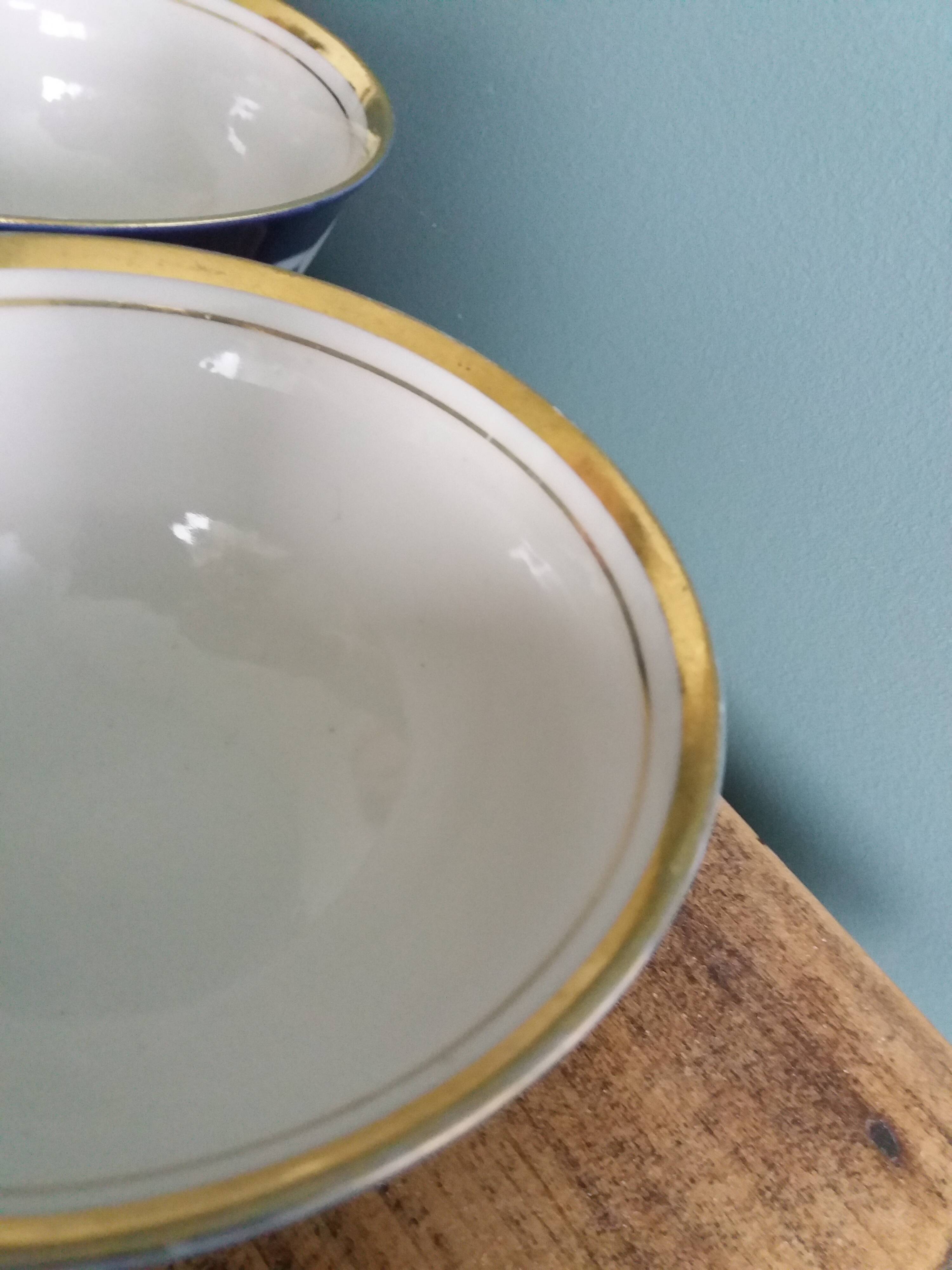 5 Uzbekistan porcelain tea bowls or cups, cobalt and gold decor