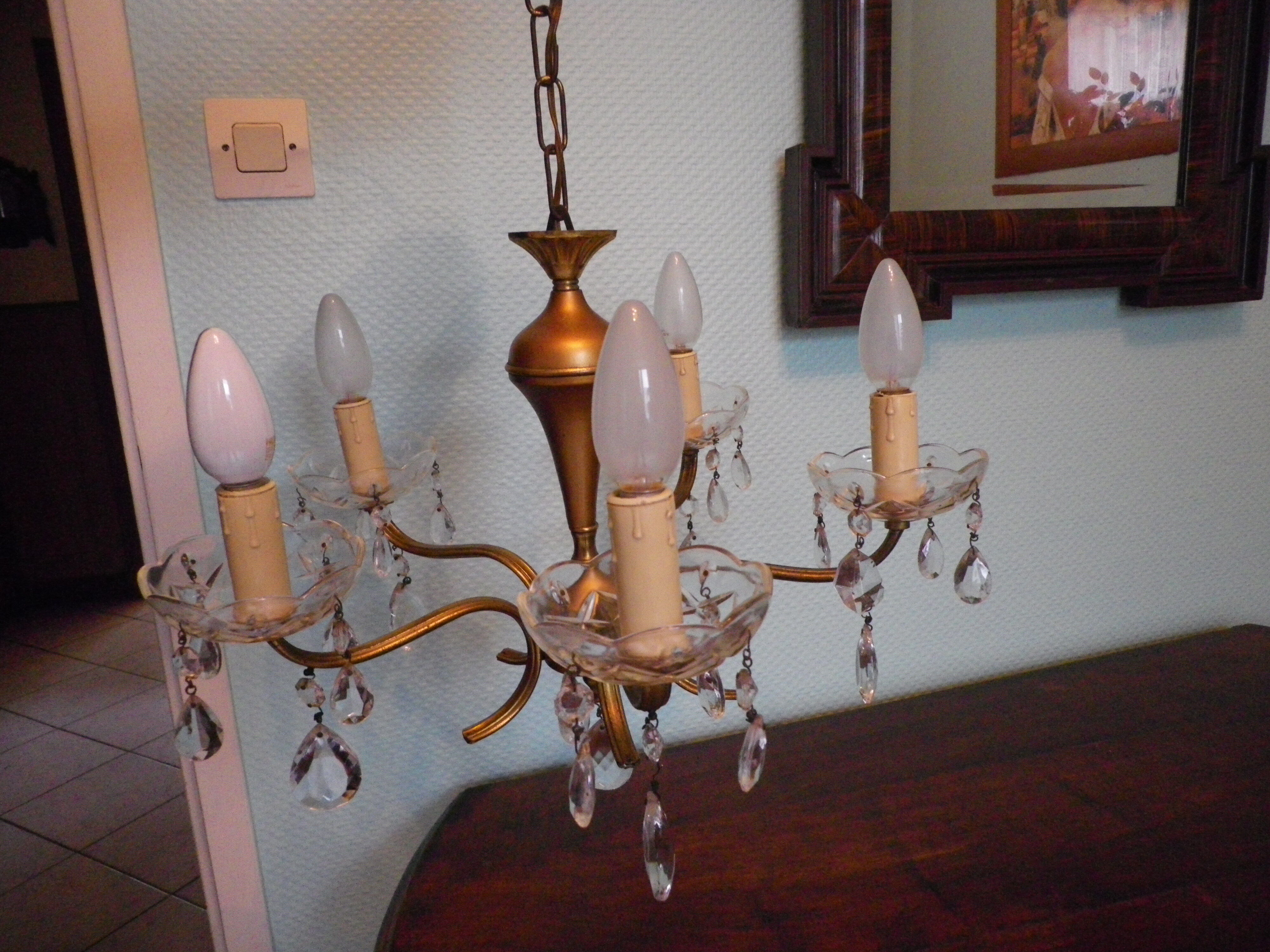 Suspension 5 lights, gold metal, glass cups with glass grapevines