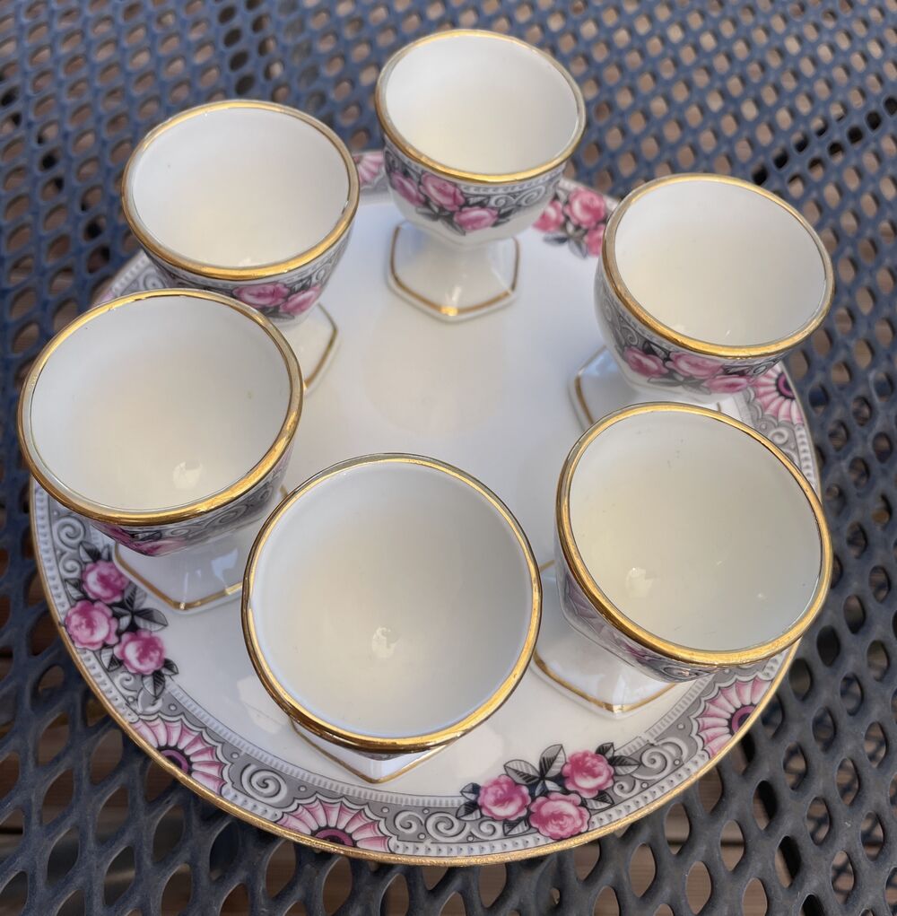 PLATTER AND ITS 6 PORCELAIN COQUETIERS WITH FLORAL DECOR TABLE ART