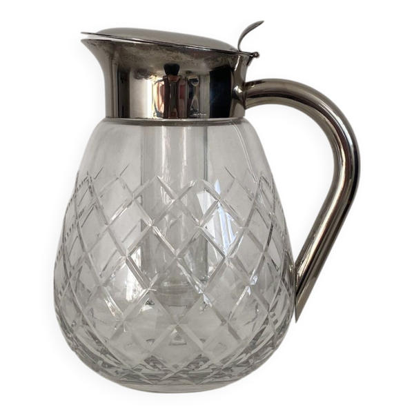 Carafe à réserve de glace en verre taillé et métal argenté
