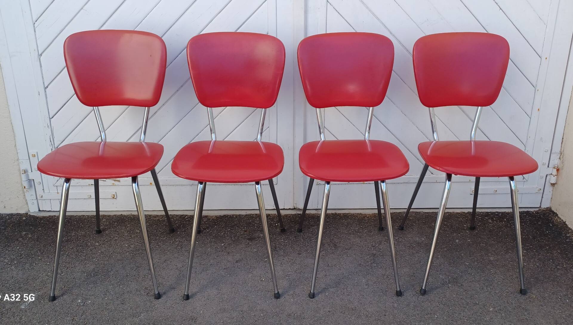 4 vintage Lafargue kitchen chairs in faux leather and chrome