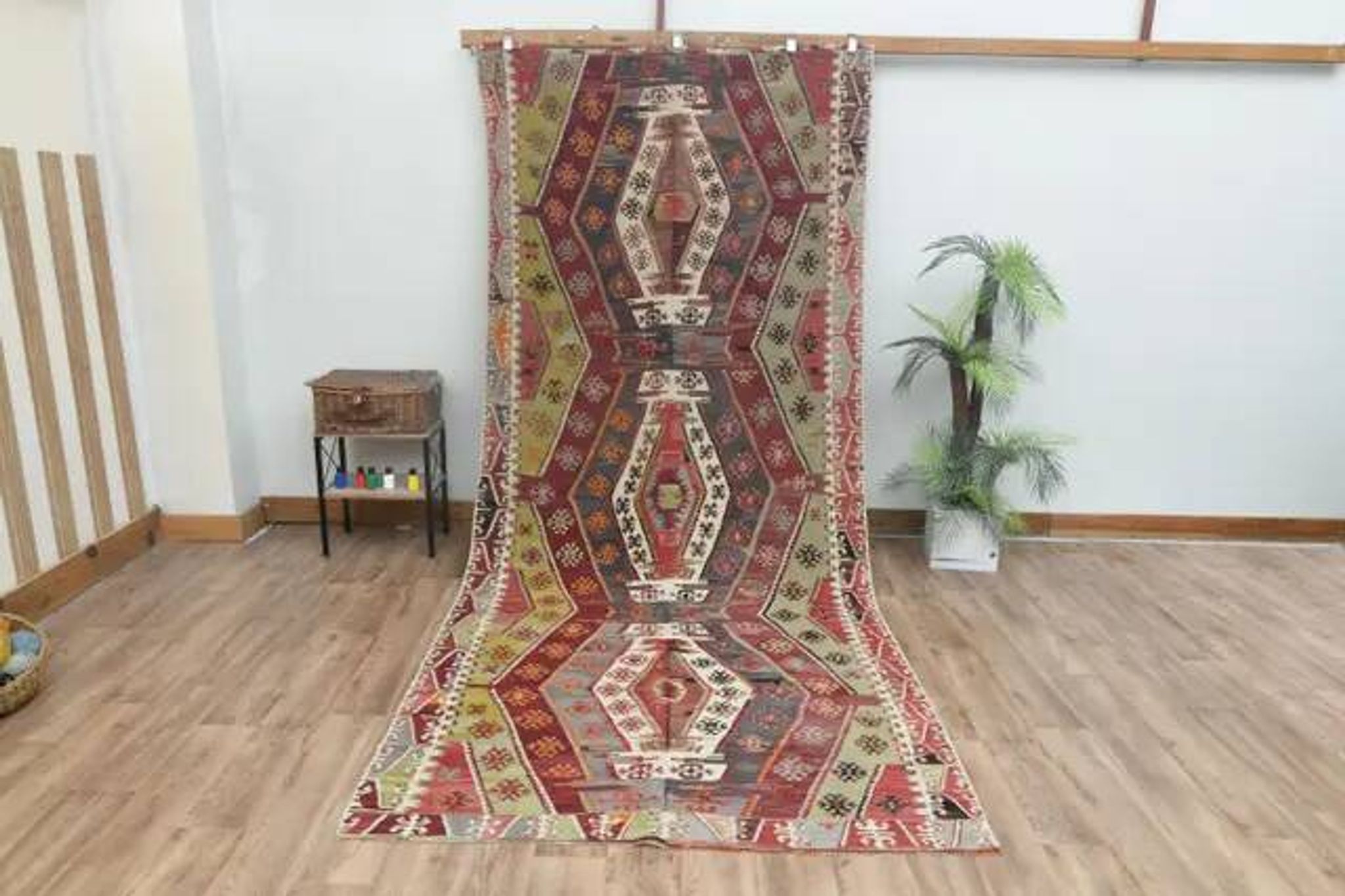 1970s Vintage Turkish Handmade Wool Cotton Colorful Kilim Rug 157x365