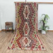 1970s Vintage Turkish Handmade Wool Cotton Colorful Kilim Rug 157x365