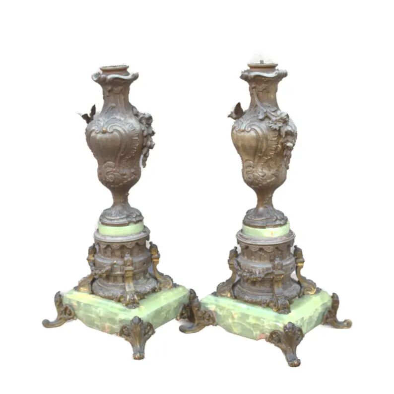 Pair of antique French Art Nouveau bronze vases on a marble base, fireplace decoration, 1800s, Châteaucore cassolettes, unique piece.