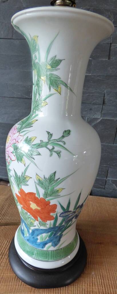 Chinese white earthenware lamp base with flower decoration