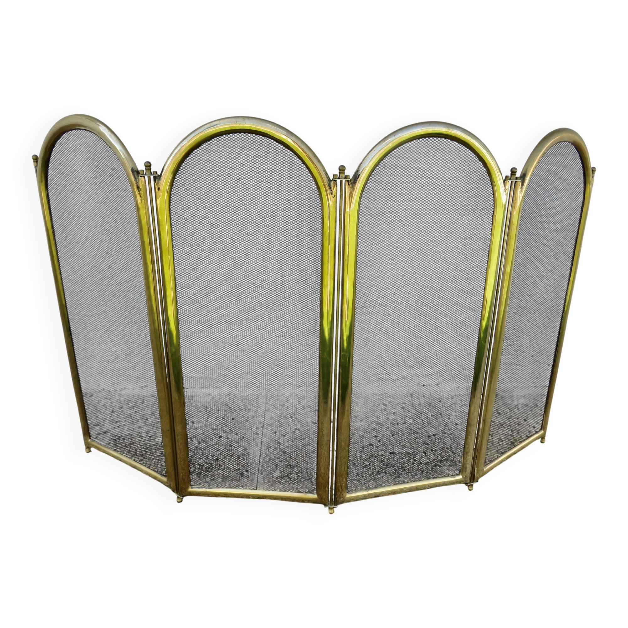 Fireplace screen, spark guard, brass, gilded, 4 panels, 1950.