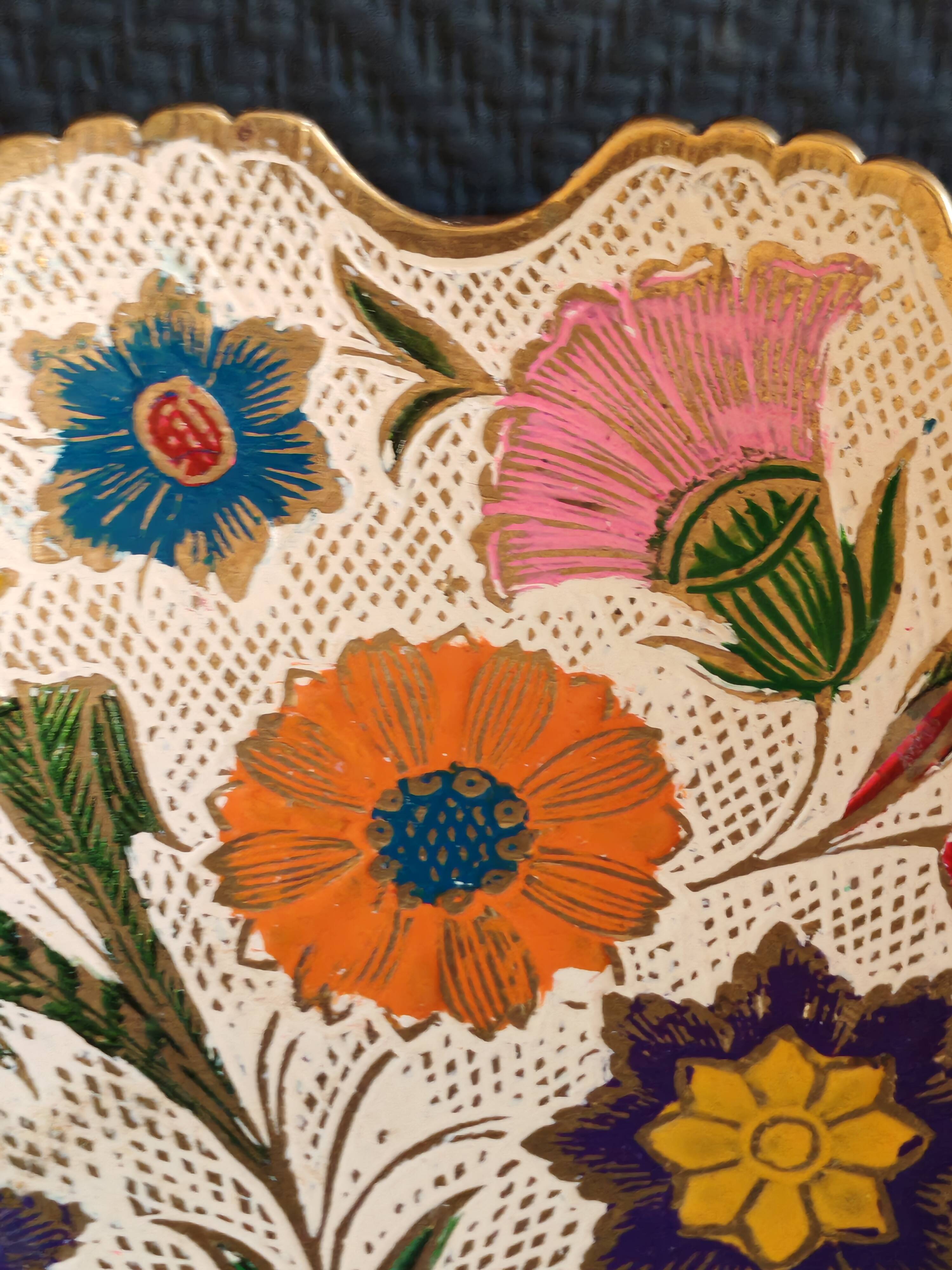 Vintage Enamelled Brass Fruit Bowl – Floral Centrepiece with Edge Fe