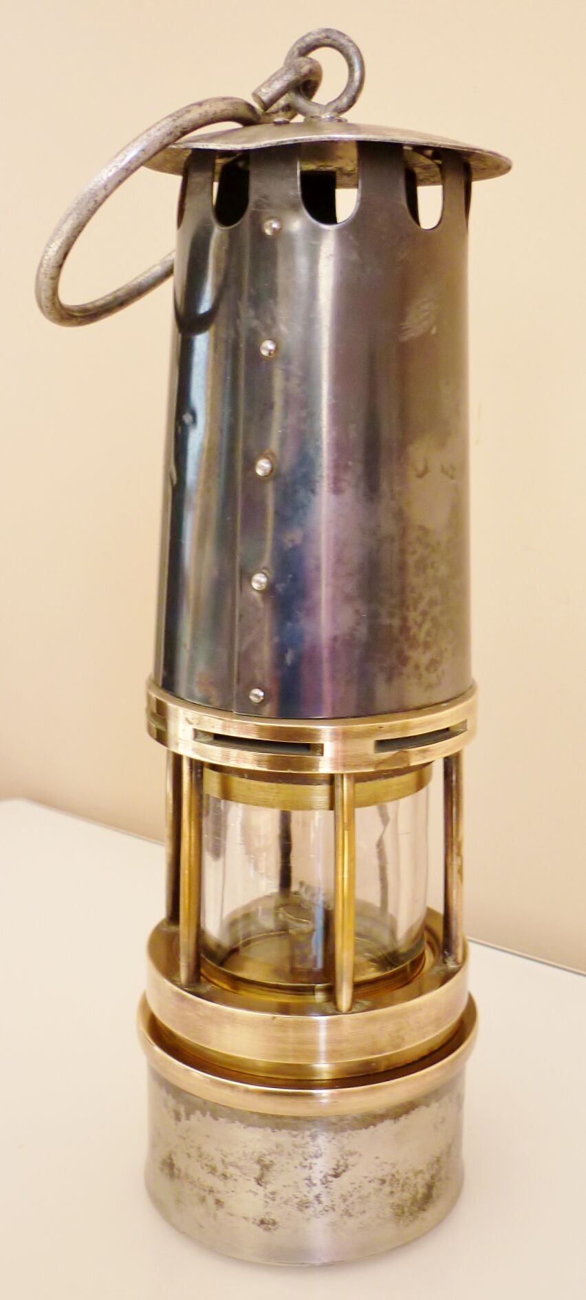 Old miner's lamp, thick glass, brass, metal
