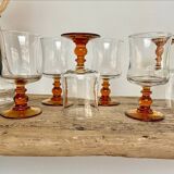6 small amber stemmed glasses