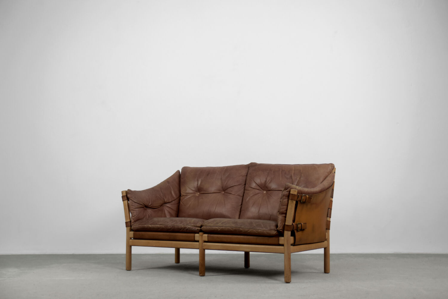 Vintage scandinavian oak & leather 2-seater Safari sofa, 1960s