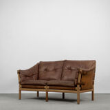 Vintage scandinavian oak & leather 2-seater Safari sofa, 1960s