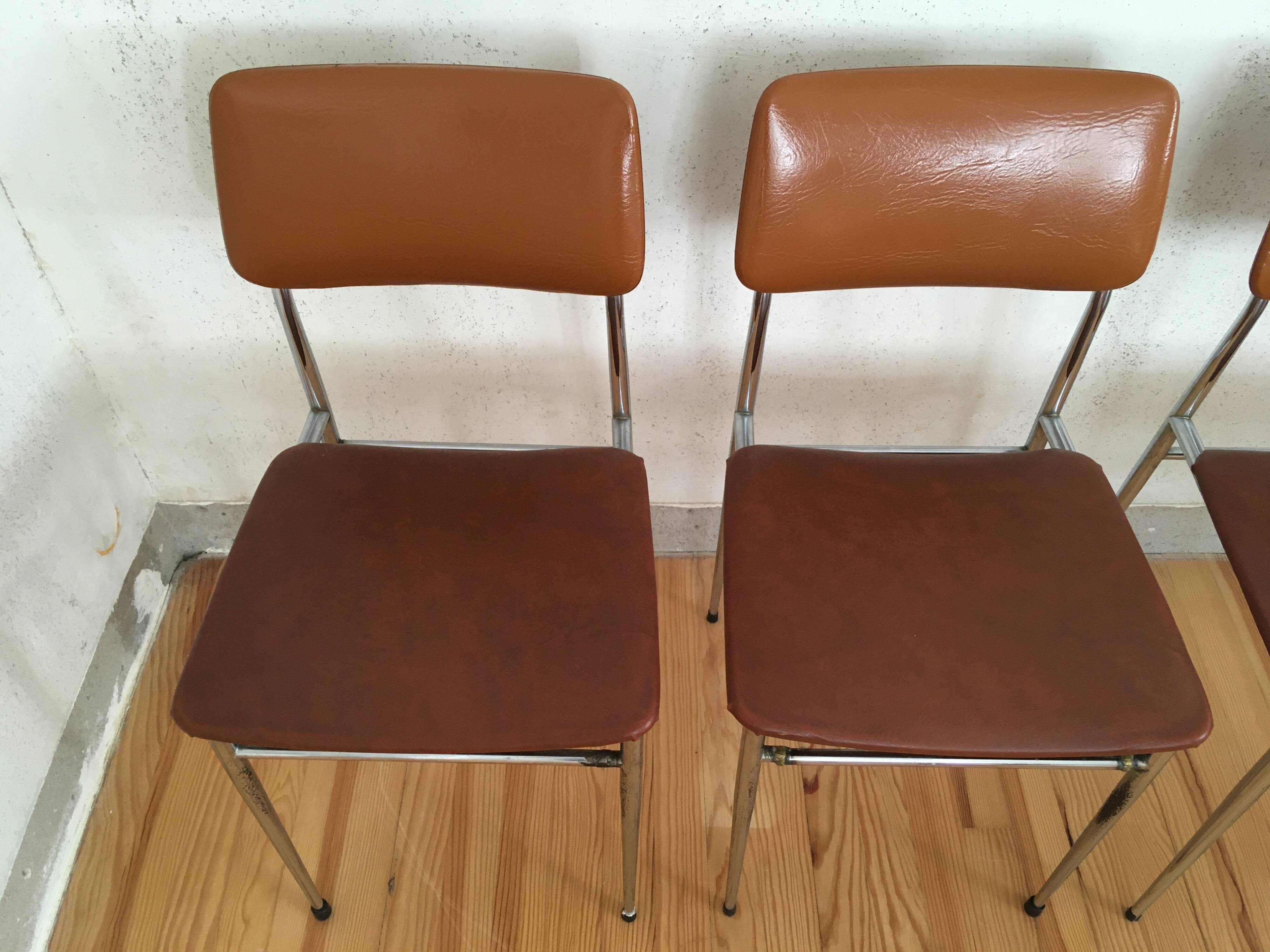 4 chaises skaï camel métal chromé années 70