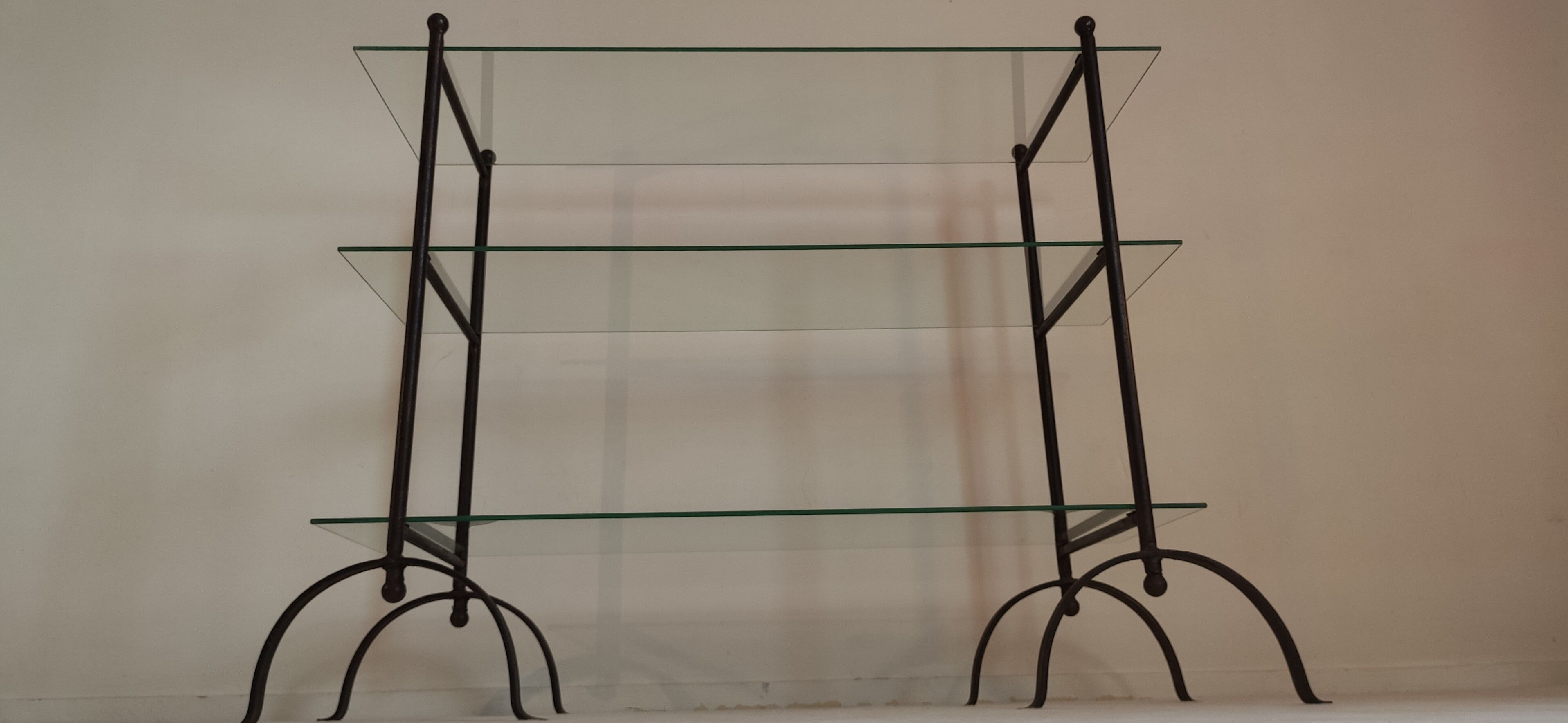 Beautiful Console 60'S feet wrought iron trestles with 3 TBEG glass trays