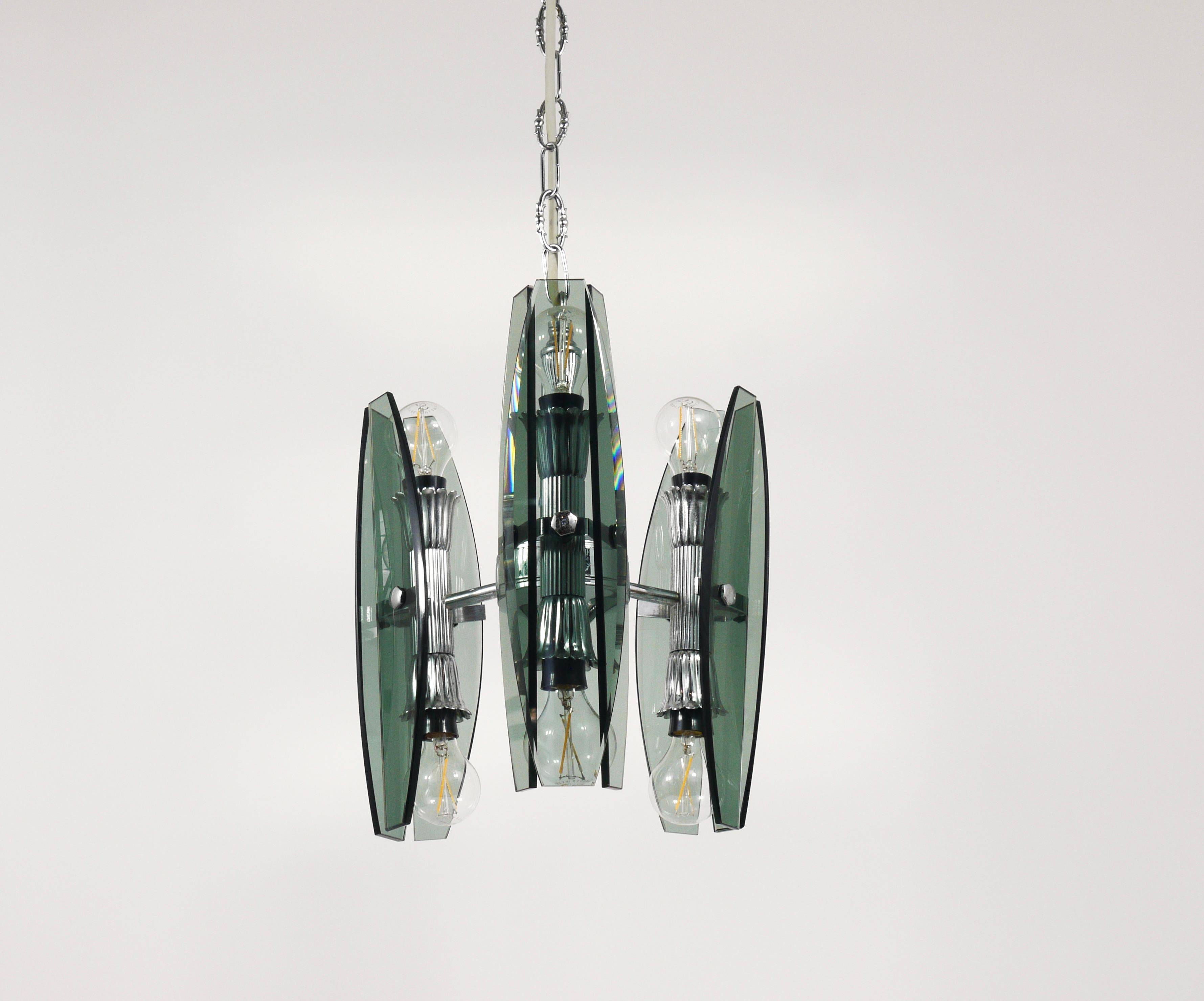 Glass and chrome suspension light in Fontana Arte style by Veca Murano, Italy.