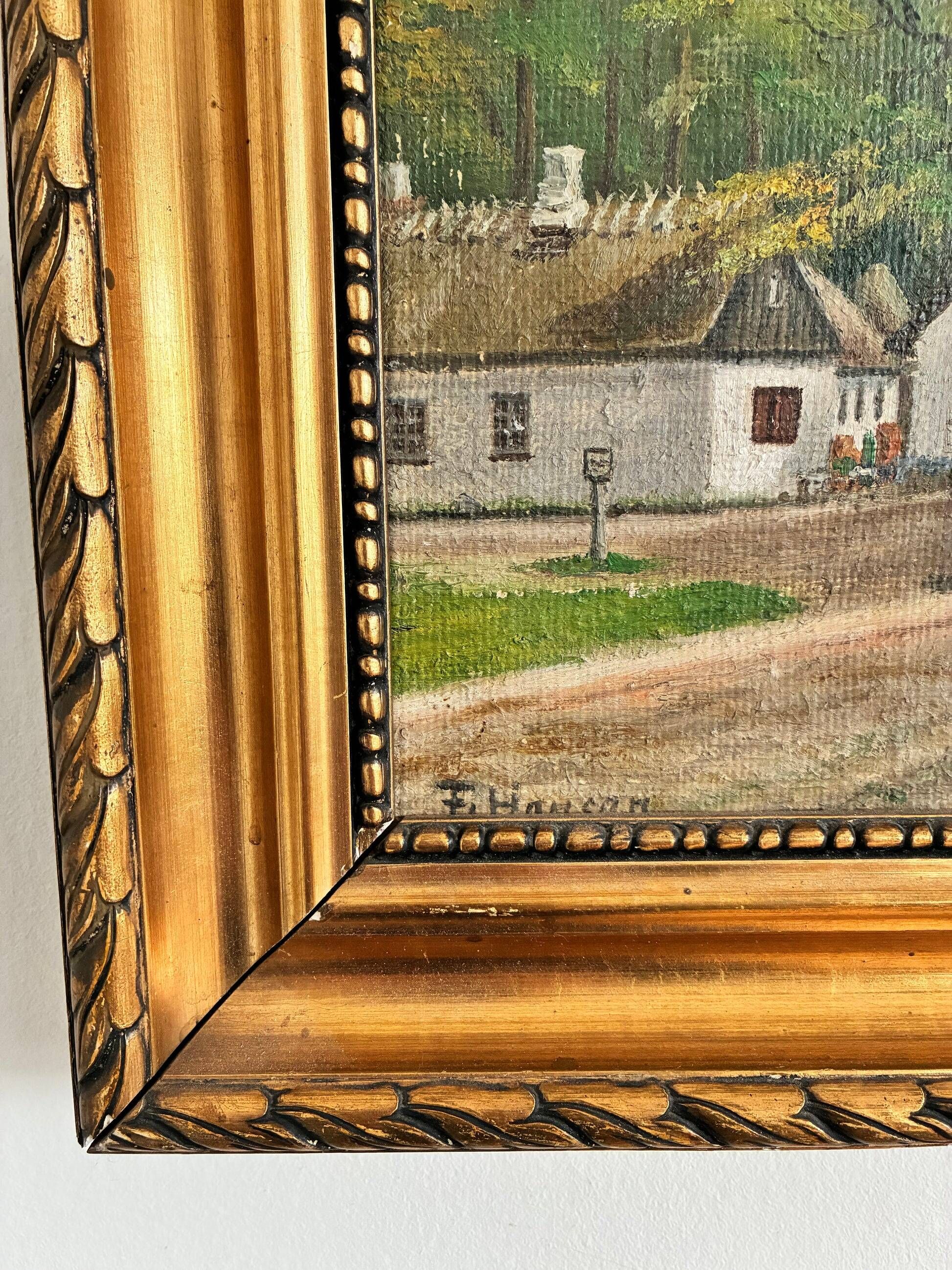 Vintage signed cottage landscape oil painting