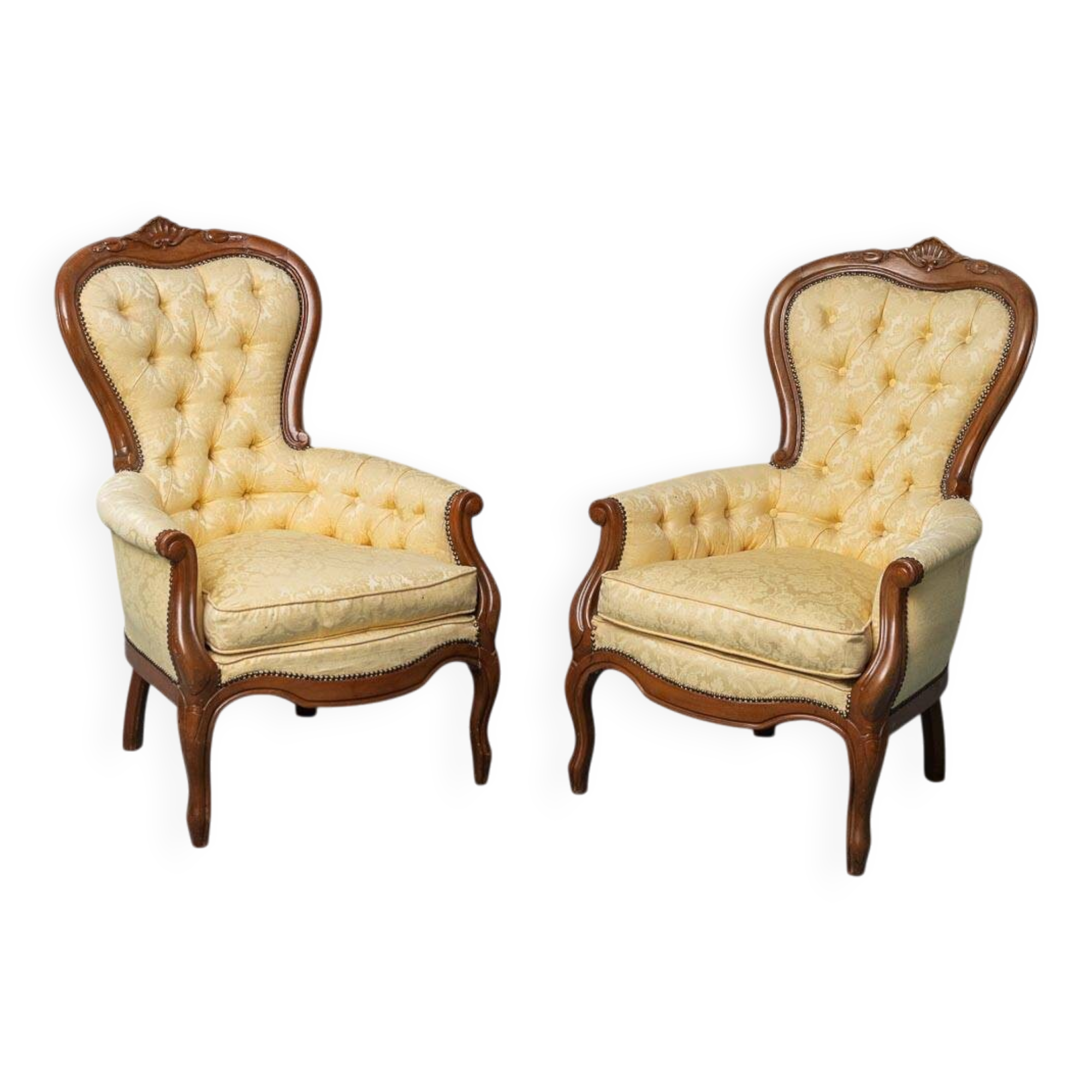 Coppia di poltrone stile luigi filippo legno tessuto giallo xix