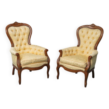 Coppia di poltrone stile luigi filippo legno tessuto giallo xix