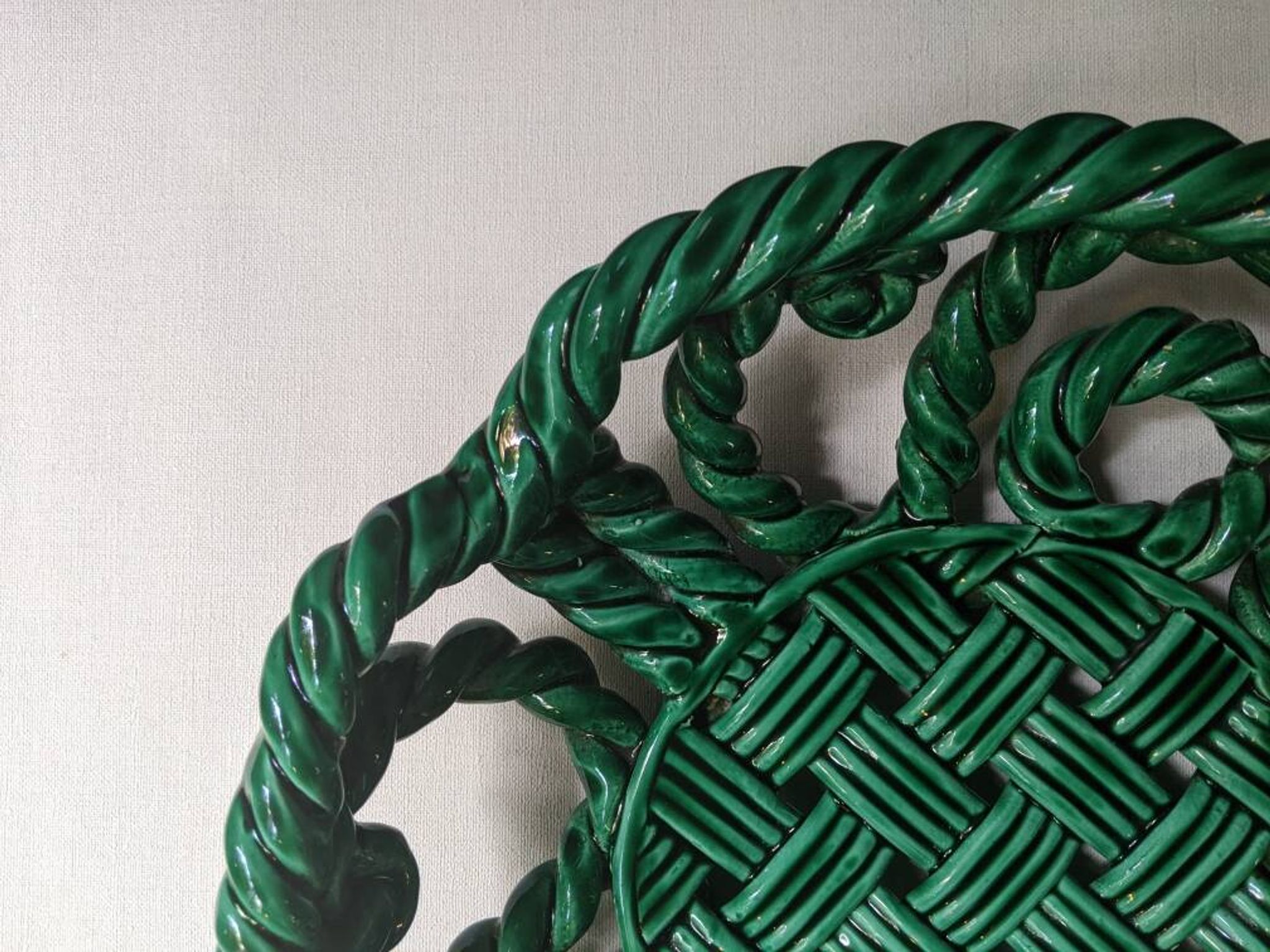 Antique fruit bowl, twisted ceramic, handmade country weaving