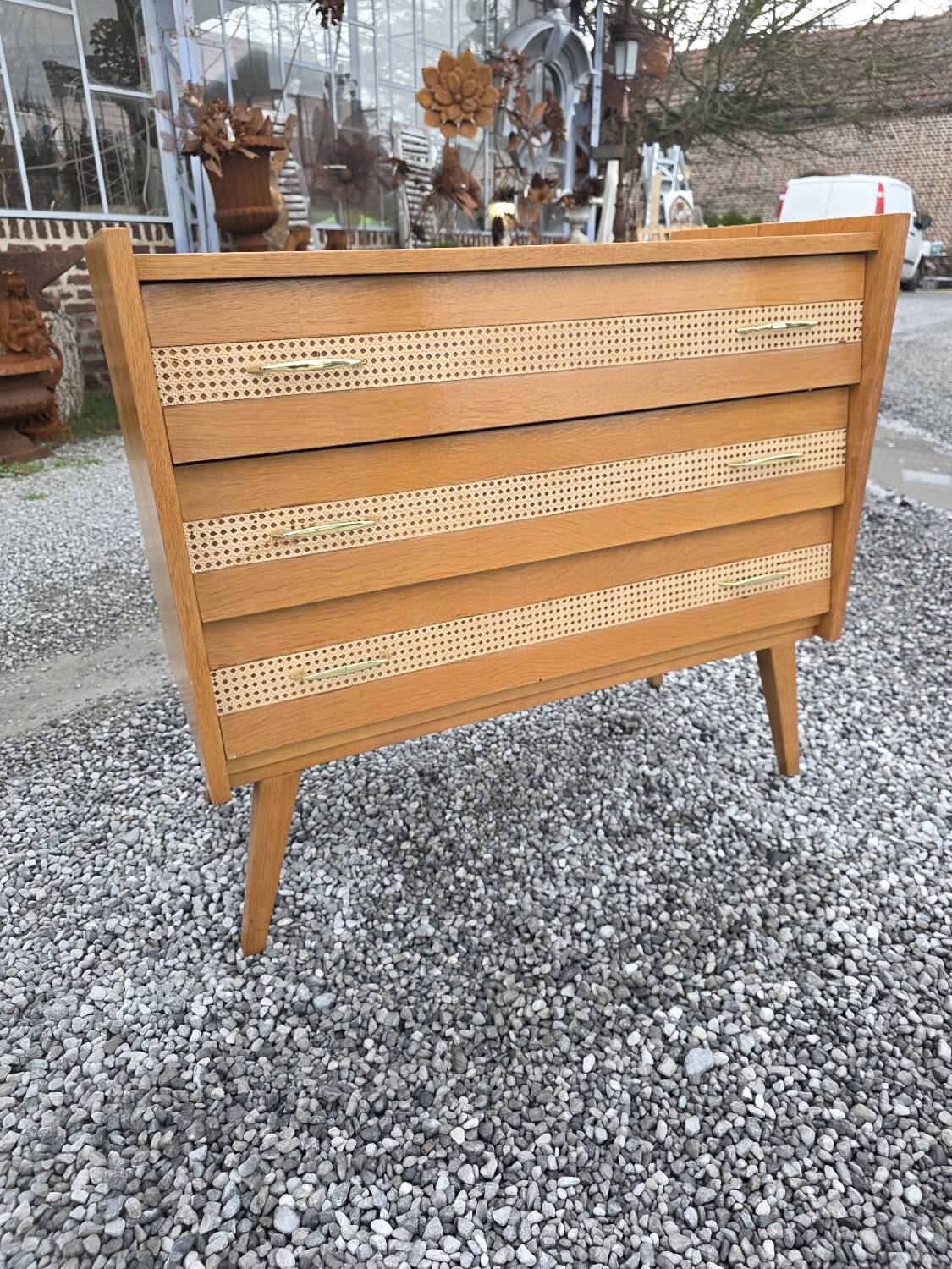 Commode vintage en chêne et cannage des années 60