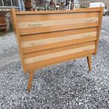 Commode vintage en chêne et cannage des années 60