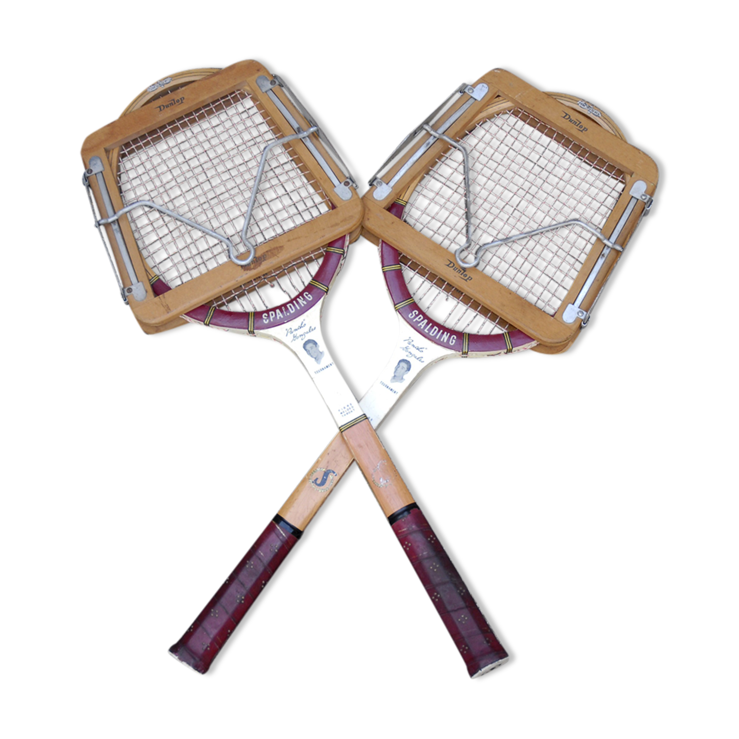 Pair of Tennis rackets vintage Spalding Pancho Gonzales with their presses wooden Dunlop
