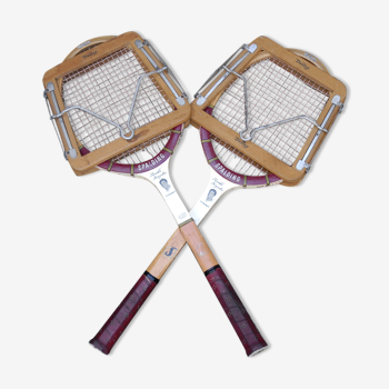 Paire de raquettes de Tennis vintage Spalding Pancho Gonzales avec leurs presses en bois Dunlop