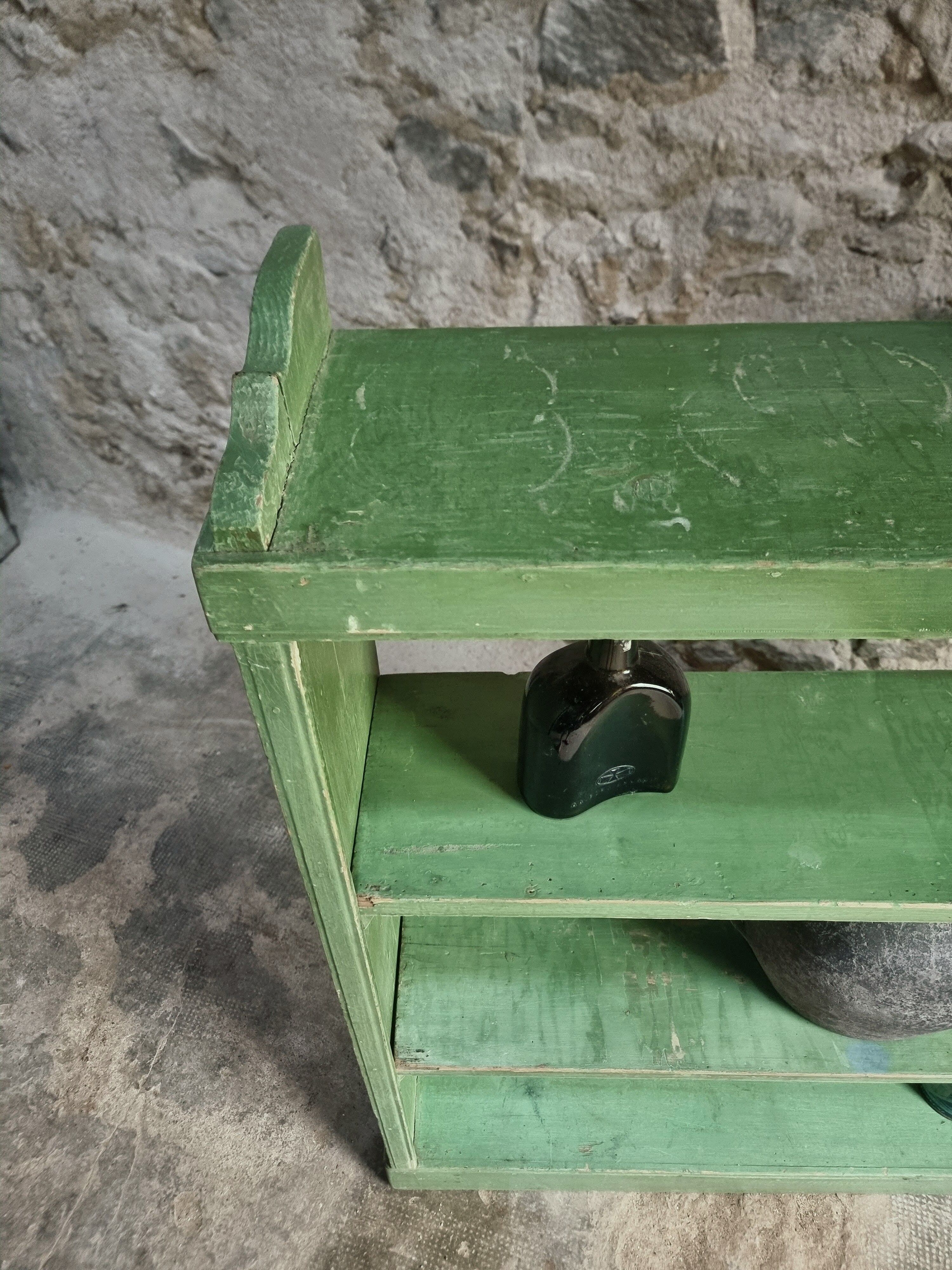 Vintage open pine shelf, original sage green paint, circa 1900–1930.