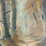 huile sur toile ancadrée XXème Chemin en sous bois