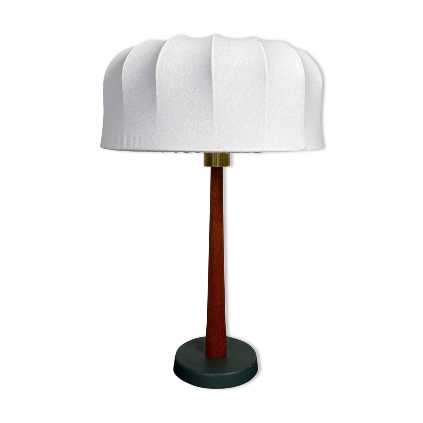 Mid-century teak and cotton table lamp by Einar Bäckström, Sweden, 1950s.
