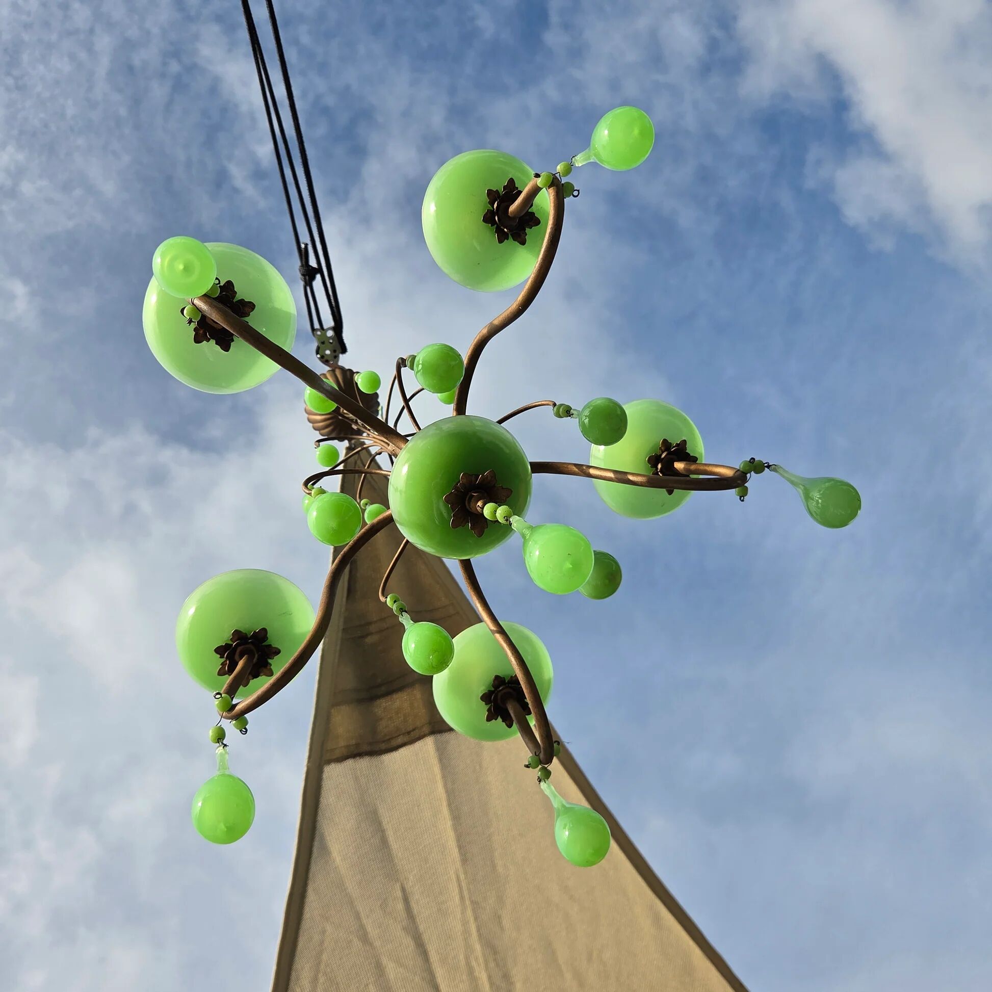 Italian chandelier with 5 lights in green opaline glass with uranium - ouraline