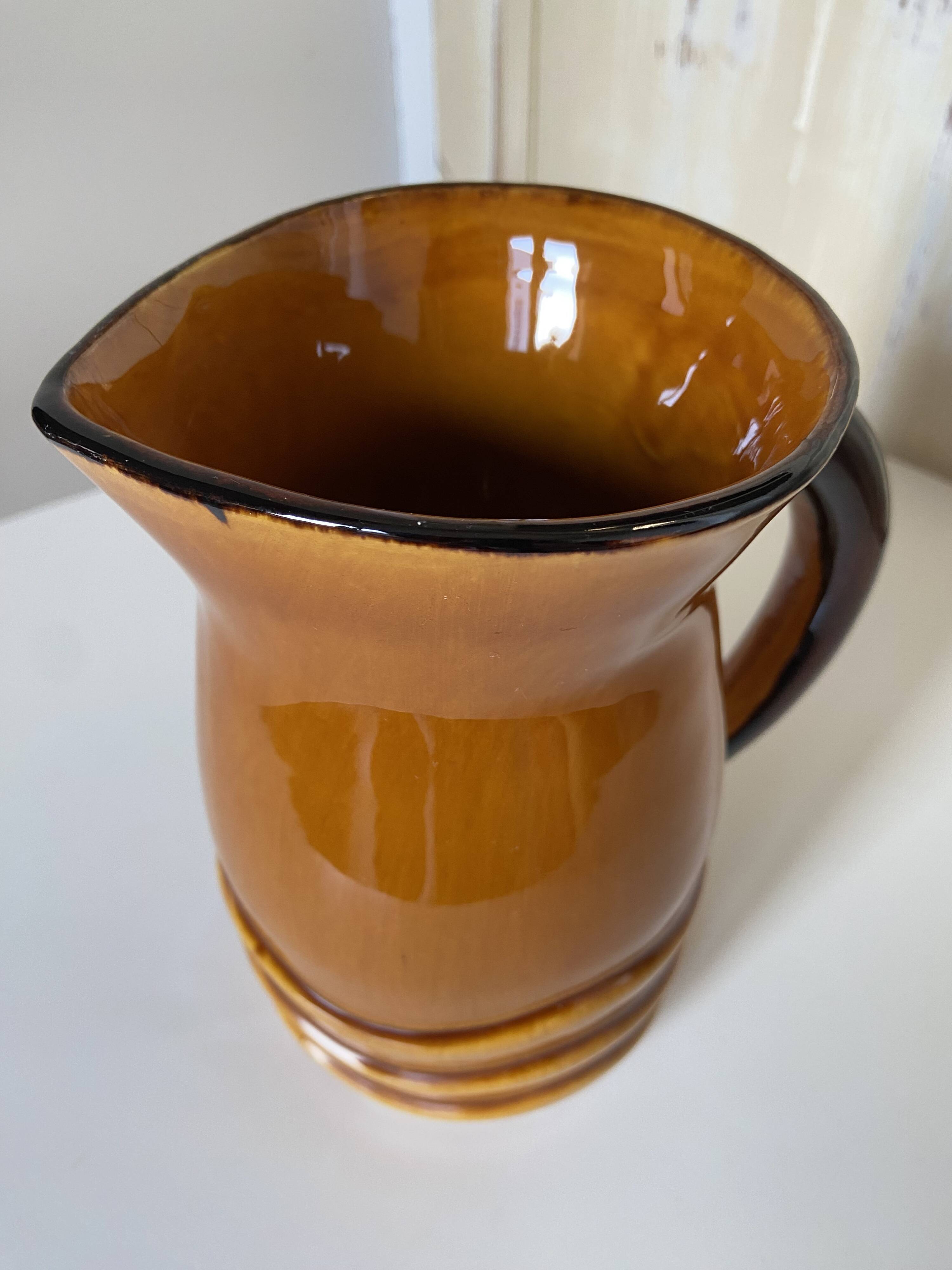 Vintage pitcher carafe Water pot, jug, enamelled ceramic PL France corrugated