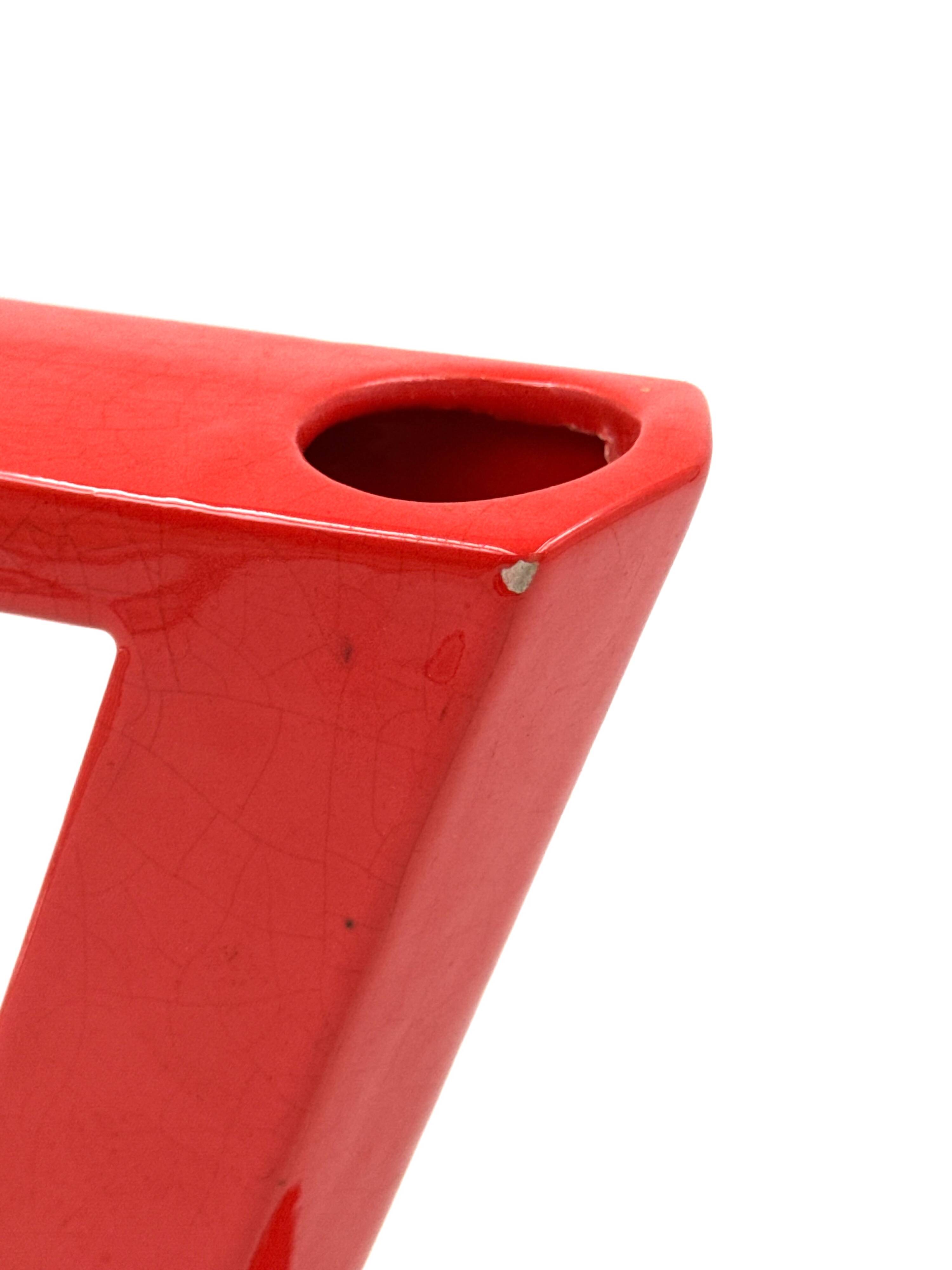 Space age red Z letter ceramic solifleur vase, Marcel Radureau France 1970