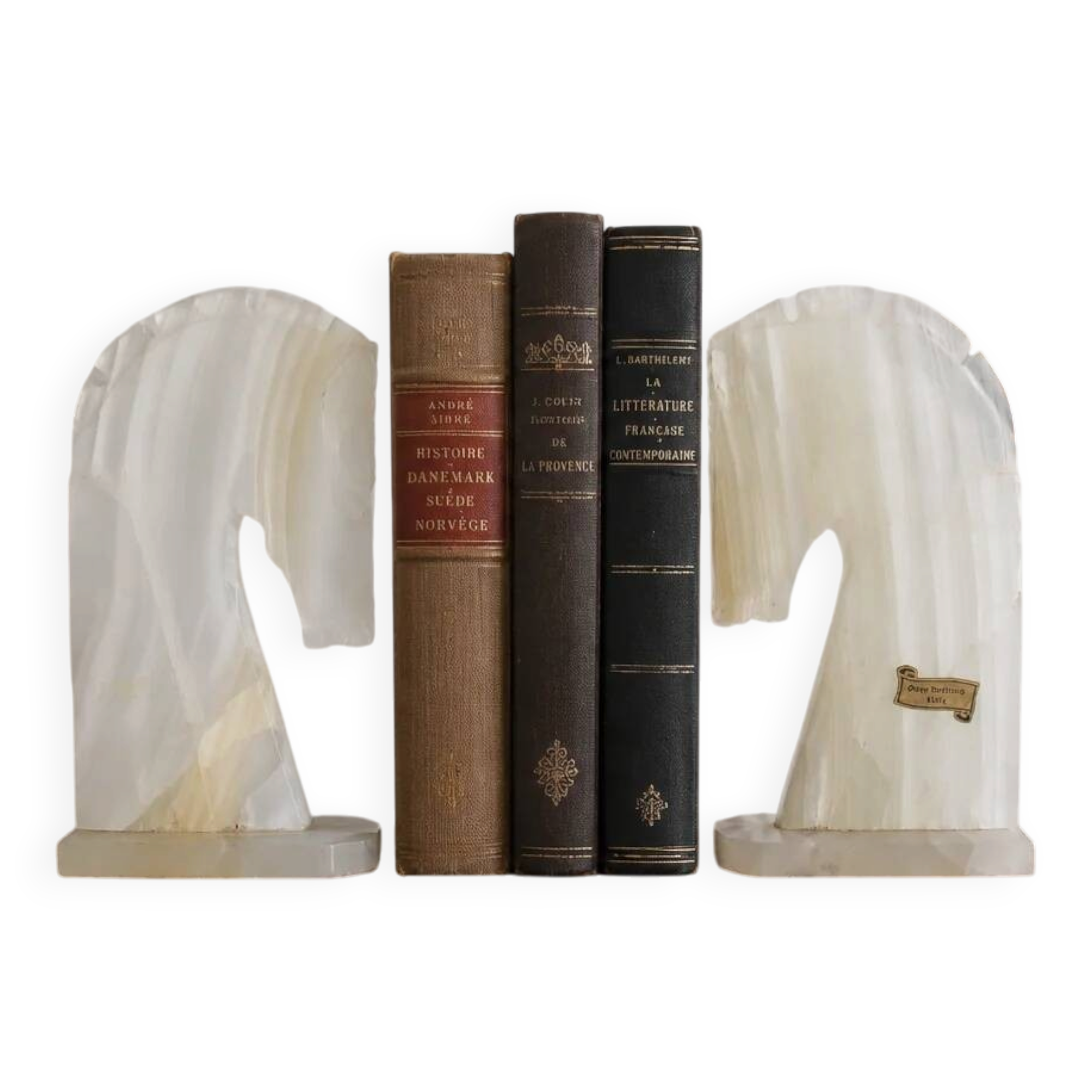 Vintage white onyx bookends – Horse heads