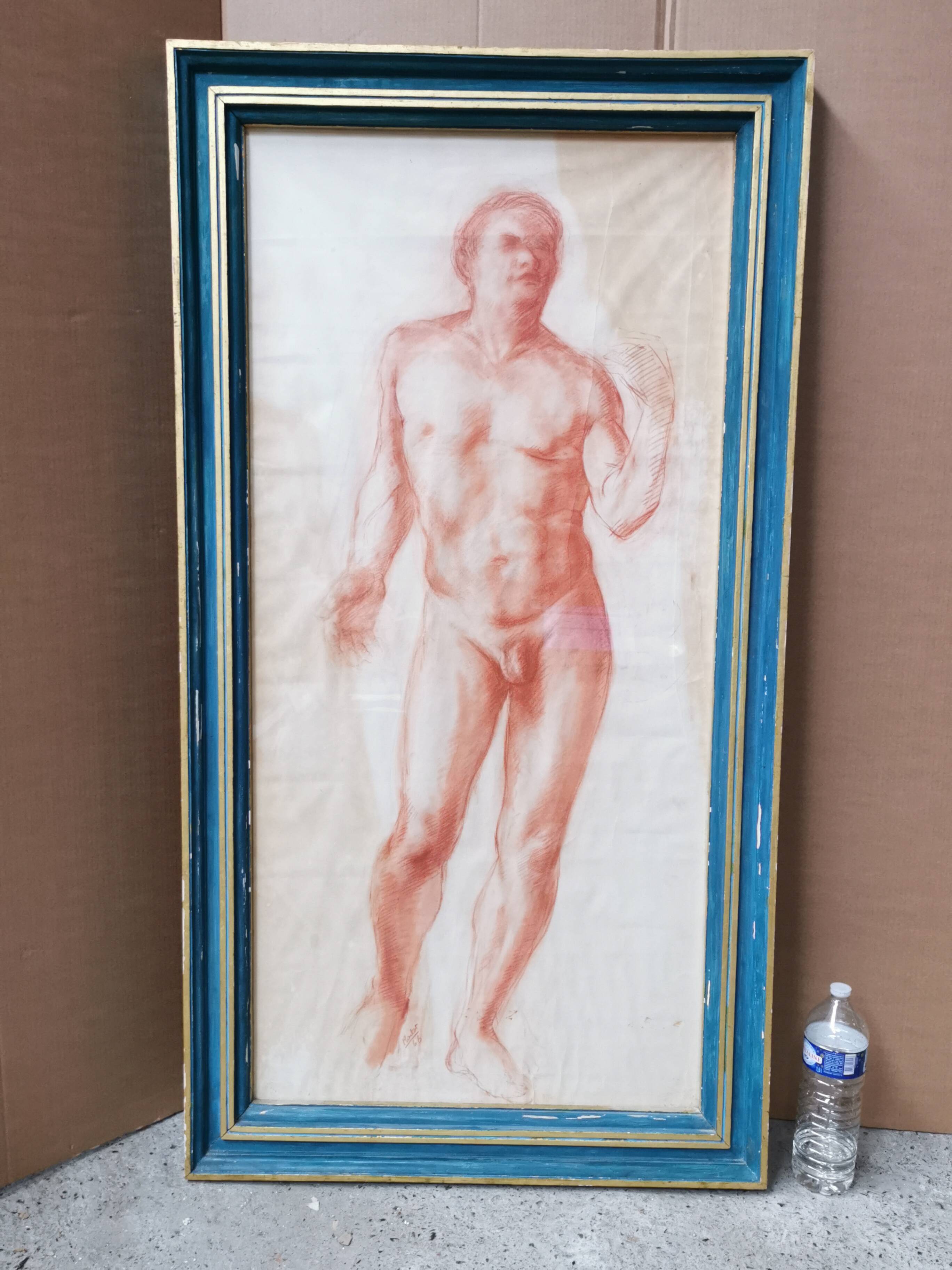 Large Sketch / Sanguine Painting of a Naked Man, signed ROULOT 66