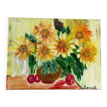 Oil on canvas of a bouquet of sunflowers