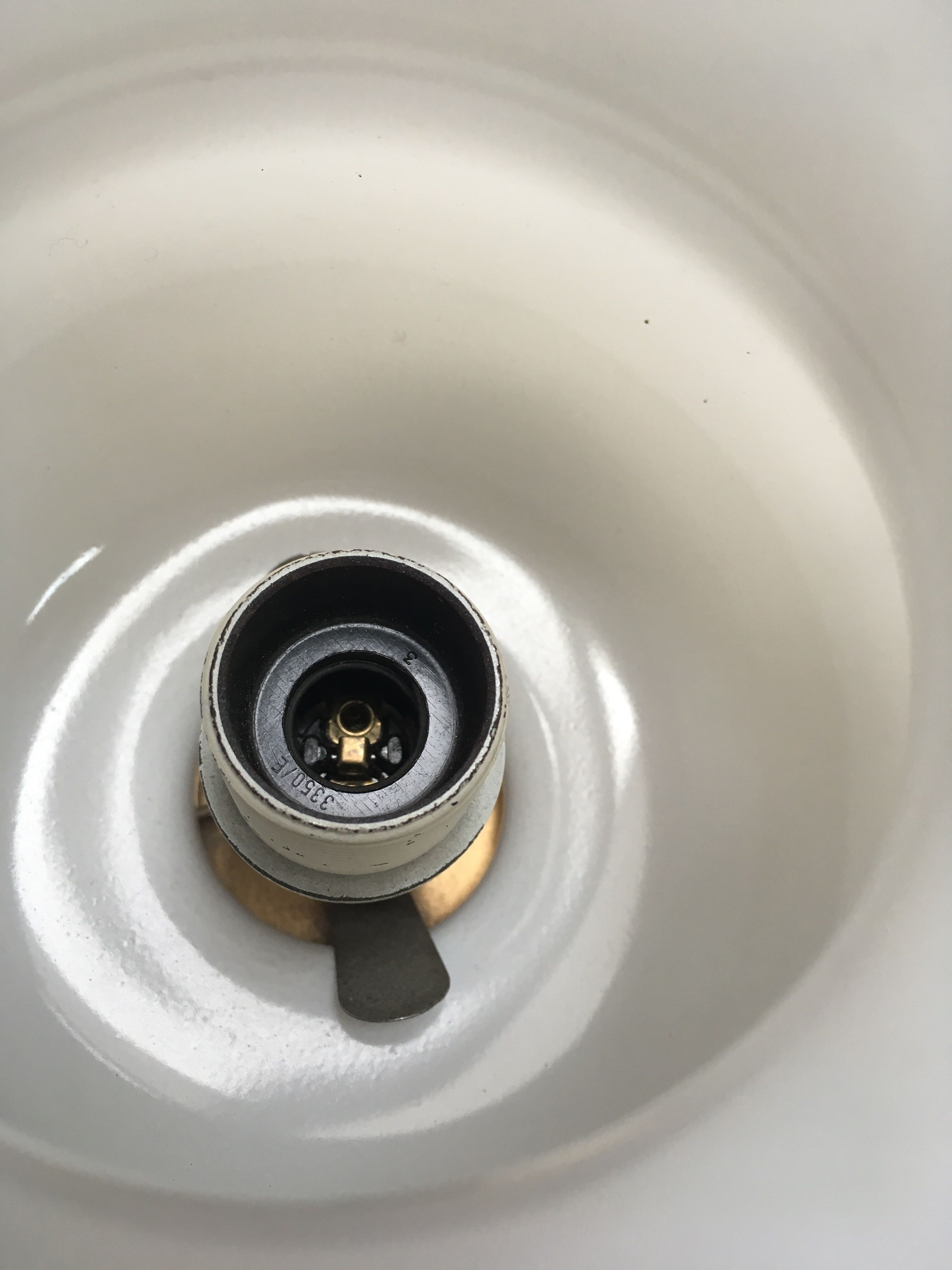 Pair of white tulip and brass pendant lamps